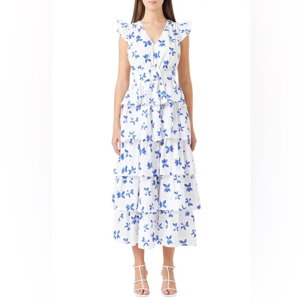 Endless Rose Blue Floral Tiered Midi Dress
